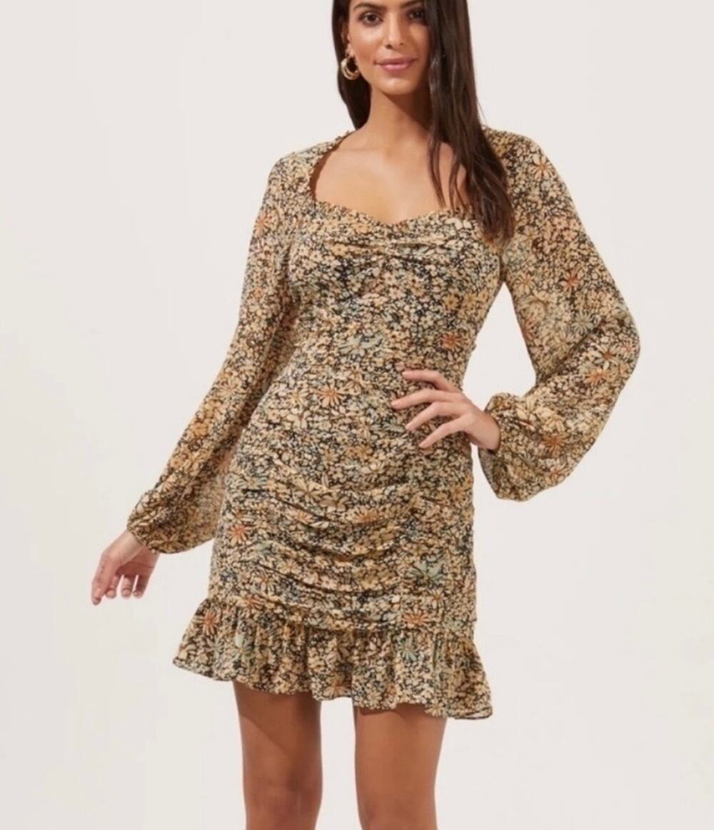 Astr The Label Womens Marcella Printed Ruched Ruffled Mini Dress XS